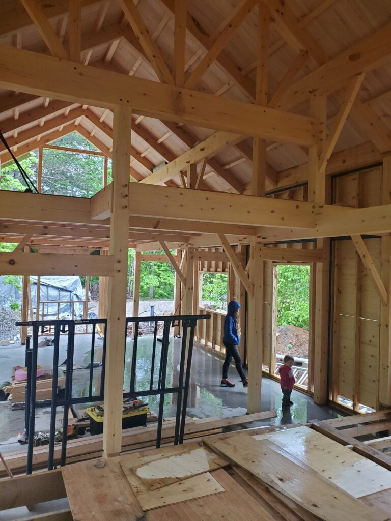 Timber frame interior under construction