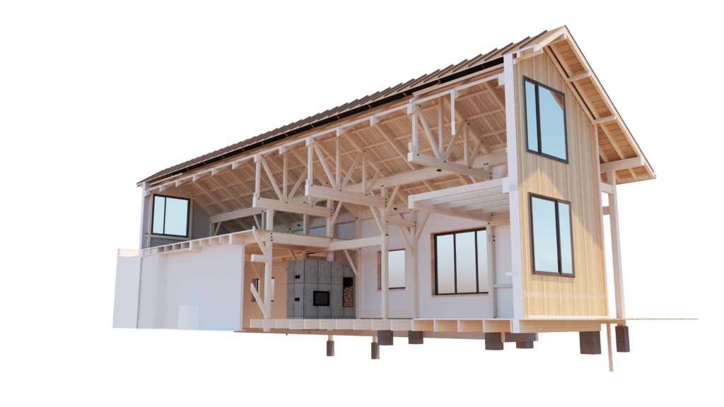 Cutaway render of a timber frame house