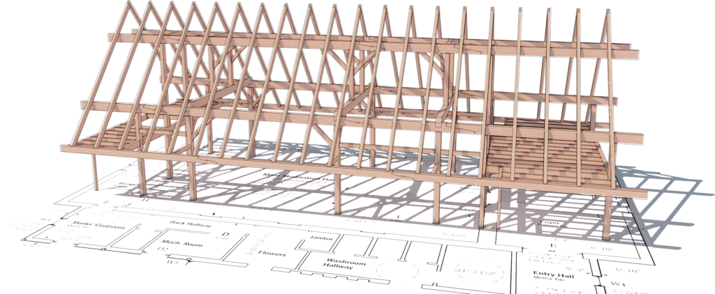 Timber frame model over drawings