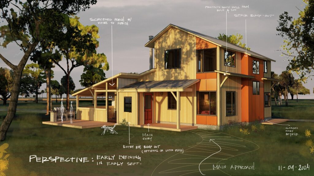 Design render of the saltbox annotated by hand with the moves it makes