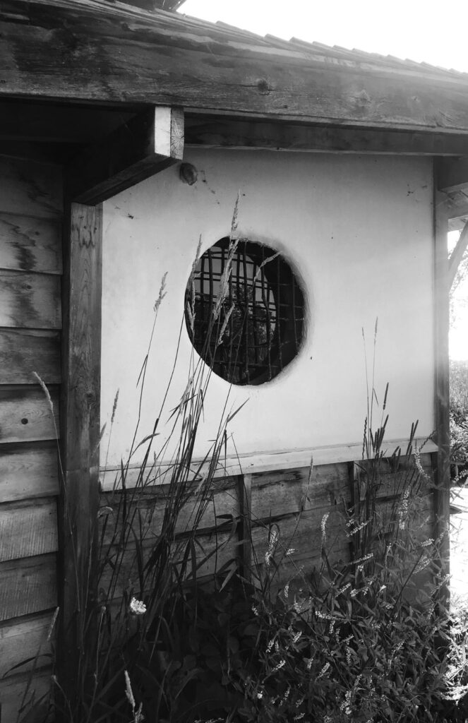 Lime plaster wall and the round window, grasses in the foreground