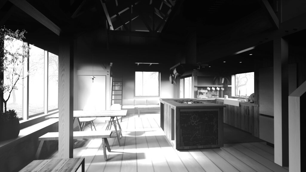 Interior render looking east along the length of the house