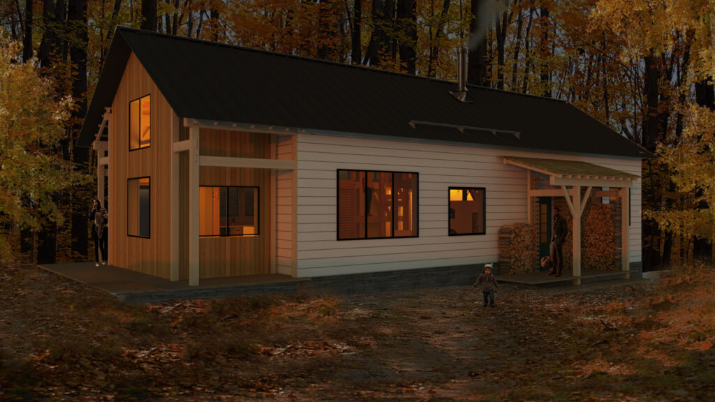Exterior render, seen from the east in autumn