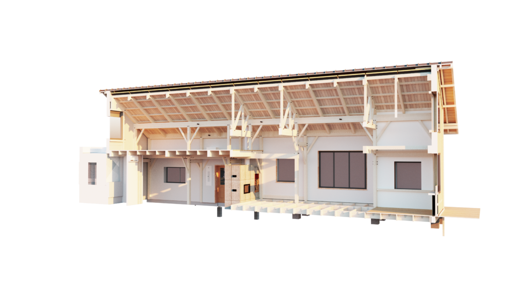 Section perspective through the Step House showing the timber frame