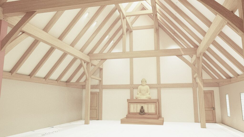Interior render of the meditation hall beneath the timber roof