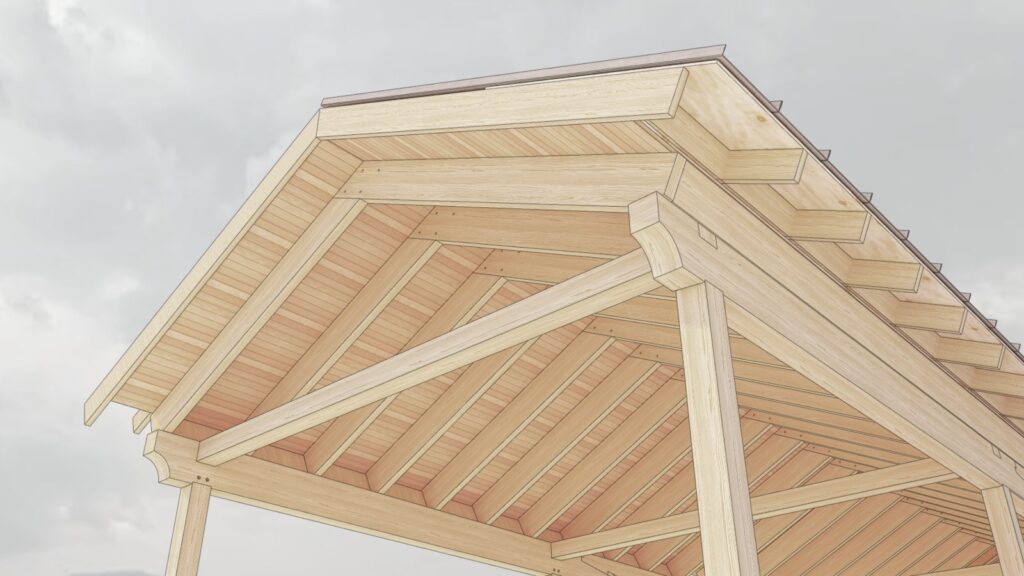 Render of the eastern white pine porch roof and its rafters